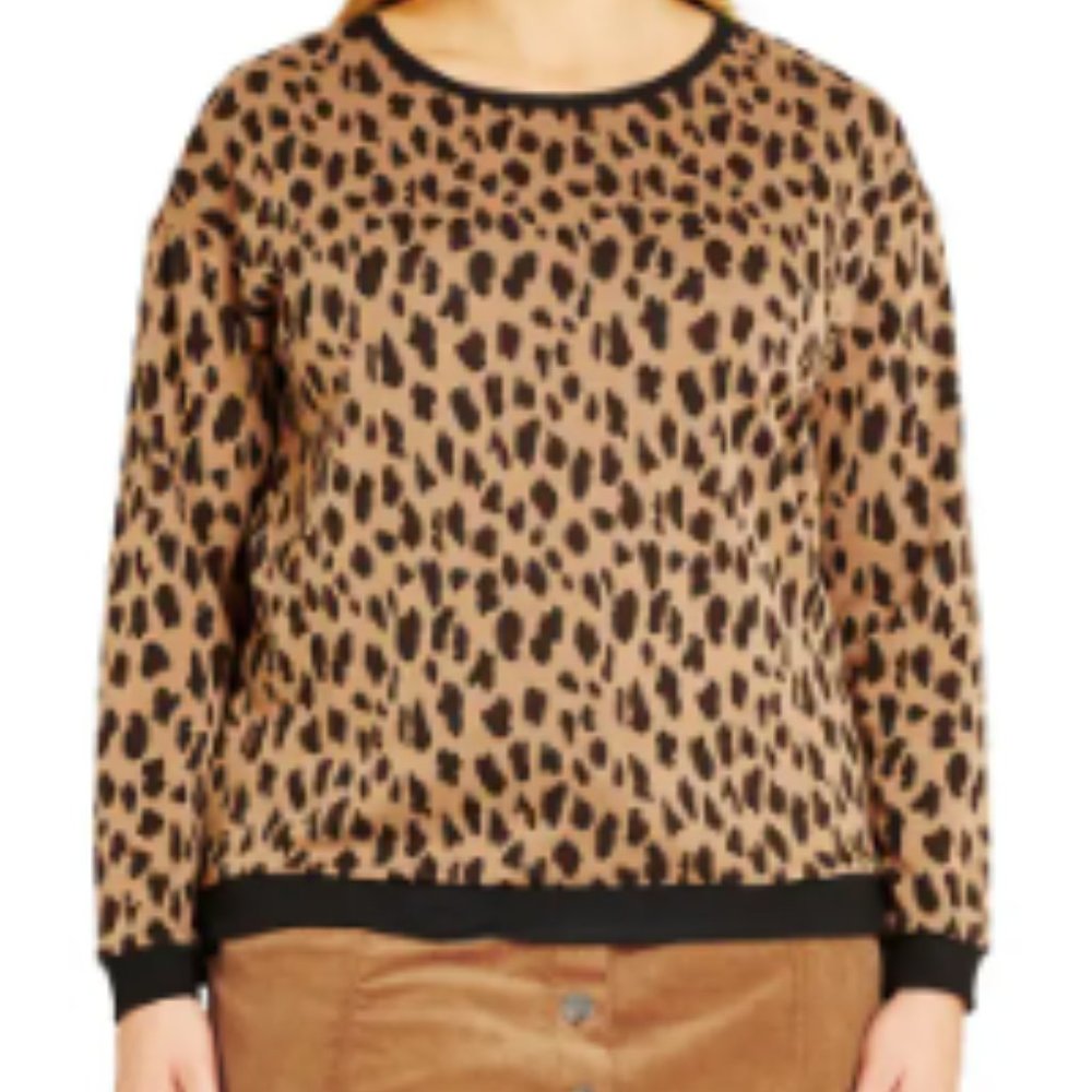 City Chic Leopard-Print Crewneck Sweater in Brown and Black